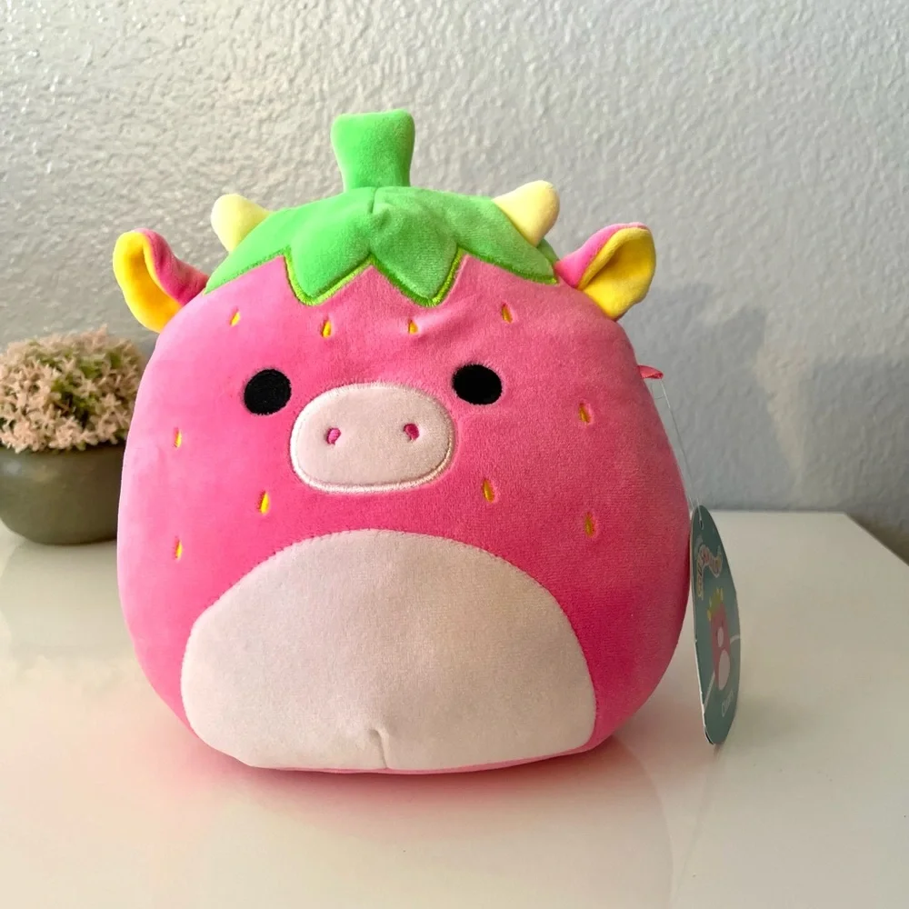 Squishmallows Pink Strawberry Cow Plush with Green Leaf Top